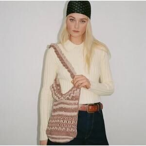 Zara Ruffle Crochet Shopper Beaded Bag Bucket Hobo Striped Vegan